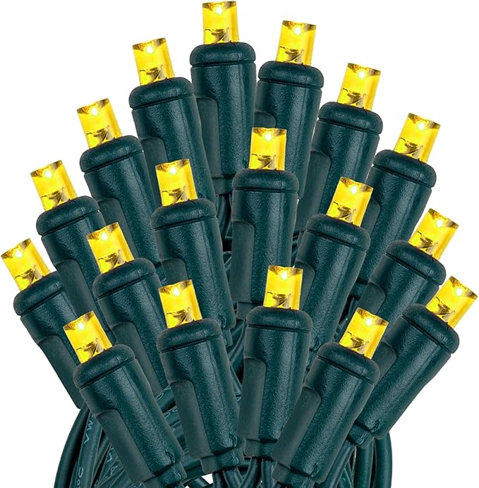 Novelty Lights 25ft 50 LED Yellow Christmas Lights Outdoor/Indoor 6 Spacing Green Wire String Lights for Festive Xmas Lighting IP55 UL Listed Dimmable Connectable