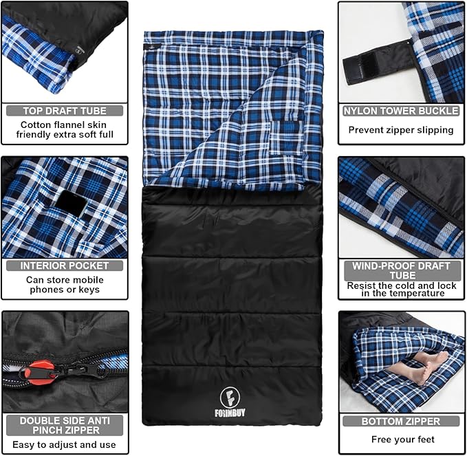 Flannel Sleeping Bag Cold Weather for Adults XL Camping Cotton Sleeping Bag 4 Season Big and Tall Waterproof with Compression Sack