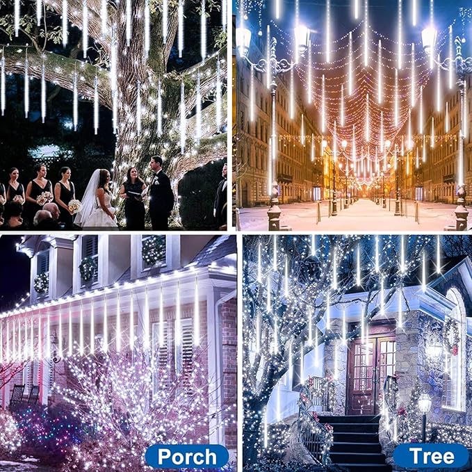 Christmas Lights Outdoor 16 Inch 20 Tubes Meteor Shower Rain Light Waterproof Falling Icicle String Lighting for Xmas Tree Yard House DecorShine White