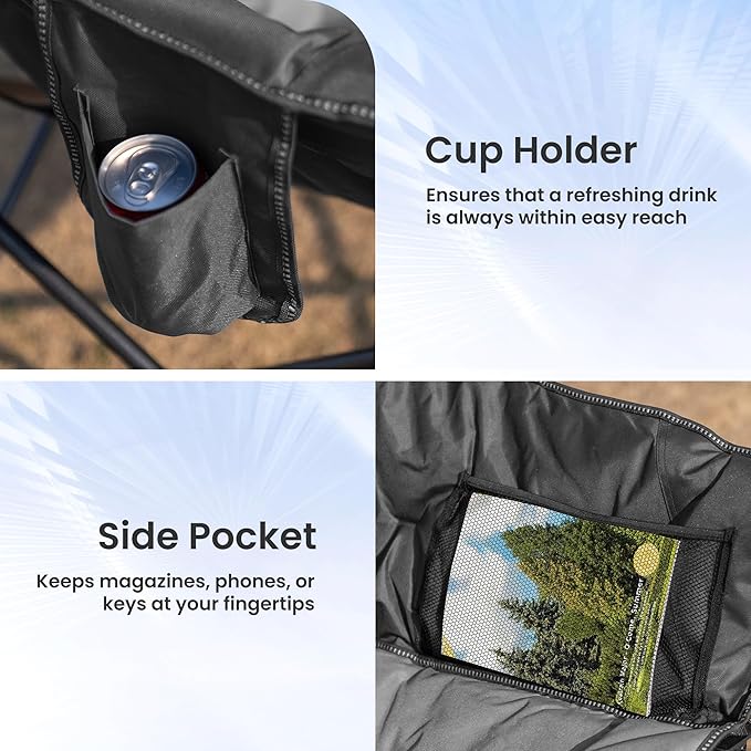 Oversized Camping Chair with Cup Holder &amp Carry Bag 500lbs Heavy Duty Moon Saucer Folding Chair for Outdoor Lawn Sports Patio Black