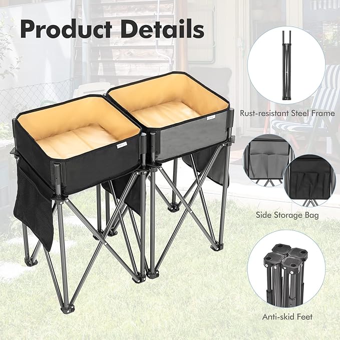 Goplus 2 PCS Folding Camping Tables Portable Picnic Tables with Large Capacity Storage Sink Side Pockets Anti-Skid Feet Lightweight Tables for Hiking Fishing BBQ Beach (Black+Grey)