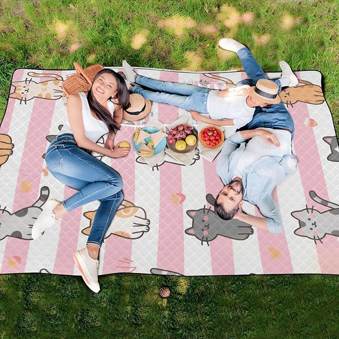 KLL Pink White Stripes Cartoon Cat Waterproof Picnic Essentials Packable Hiking Camp Rug for Ground Spring Gifts manta para picnic campo