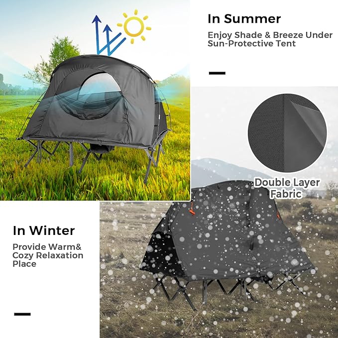 Tangkula 2-Person Tent Cot 4-in-1 Folding Tent with Waterproof Rainfly Self-Inflating Mattress &amp Roller Carrying Bag Portable Off Ground Elevated Tent with Shoe Storage Pocket &amp Lamp Hook