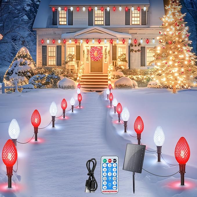 Minetom Solar Double C9 Strawberry Christmas Pathway Lights Outdoor -16FT 10 LED C9 Christmas Lights with Timer8 ModesSolar Christma Outdoor Decorations for Lawn Outside WalkwayRed &amp White