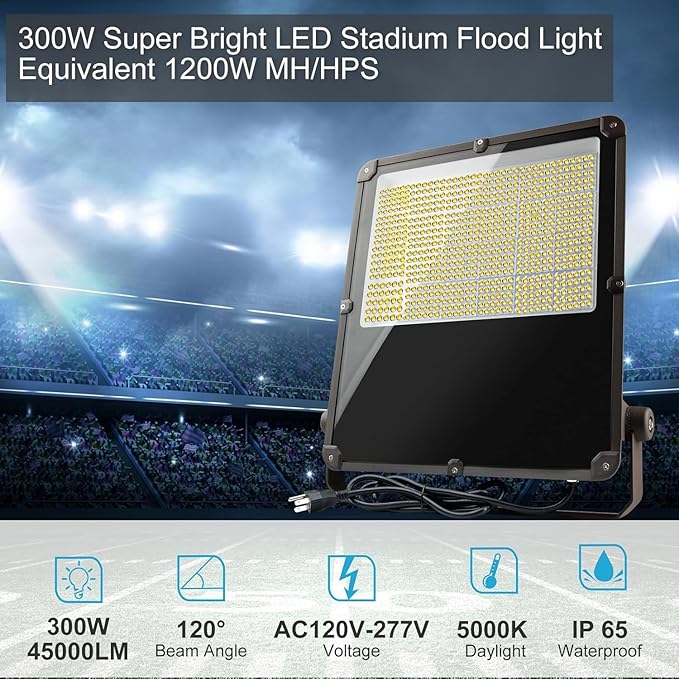 300W LED Flood Light Outdoor 45000Lm Led Stadium Light with Dusk to Dawn photocell IP65 AC100-277V Commercial Area Lighting with Plug for Backyard/Basketball Court-2Pack