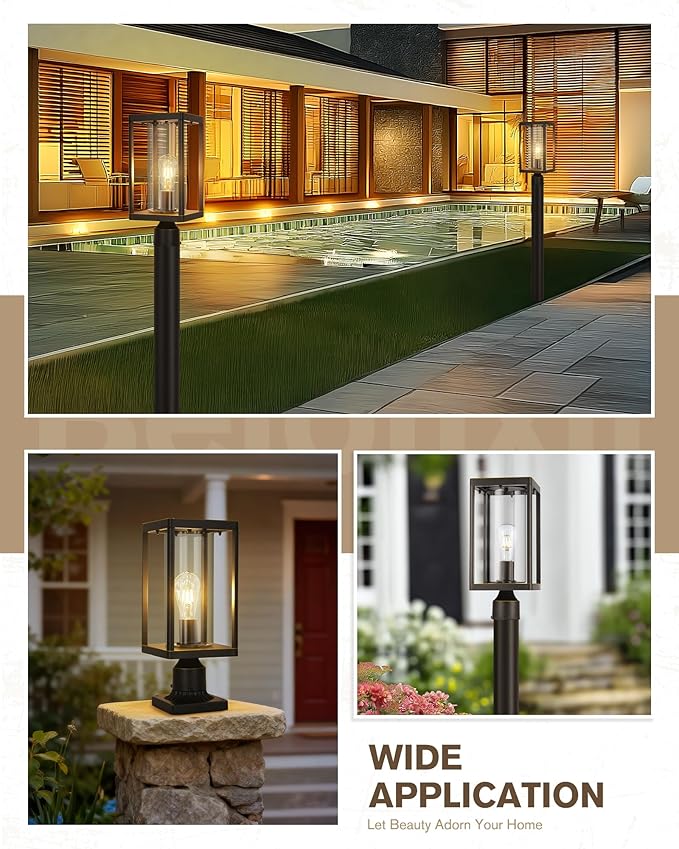 Beionxii Outdoor Post Lights 20in Post Lantern with Pier Mount Base Aluminum Street Lights with Glass Fence Post Deck Lighting for Garden Patio Pathway BXA291-P-2PK-O (NOT Solar 110-120V AC)