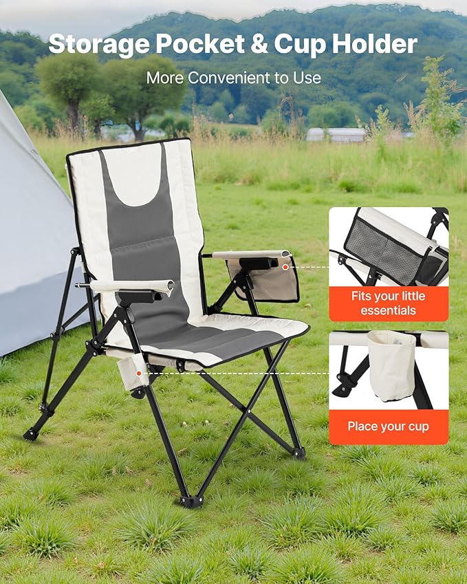 VEVOR Folding Camping Chair 3 Reclining Positions Outdoor High Back Camping Chair 260lbs Weight Capacity Full Padded Beach Chairs with Armrest &amp Headrest Portable Lawn Chairs for Sports Trave