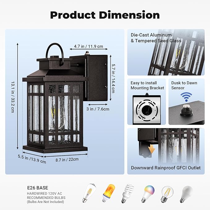 Dusk to Dawn Outdoor Lighting with GFCI Outlet Modern Oil Rubbed Bronze Exterior Light Fixtures Anti-Rust Outdoor Lights for House Garage Patio Doorway 100% Aluminum Waterproof