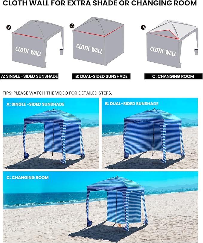 Qipi Beach Cabana - Easy to Set Up Canopy Waterproof Portable 6' x 6' Beach Shelter Included Side Wall Shade with UPF 50+ UV Protection Ultimate Sun Umbrella - for Kids Family &amp Friends