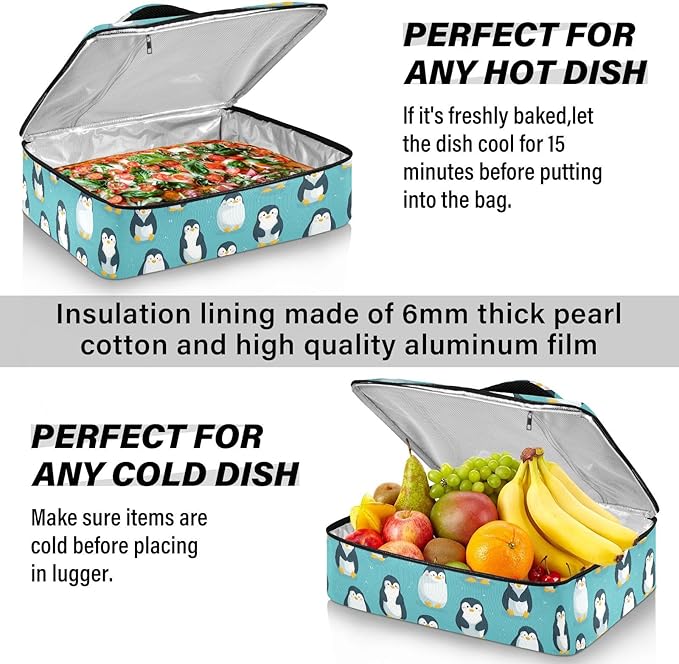 Casserole Carrier Pattern Cute PenguinsInsulated Casserole Carrier for Hot or Cold Food Thermal Lunch Tote for Potluck Parties Picnic Beach Fits 9 x 13 Inches Baking Dish