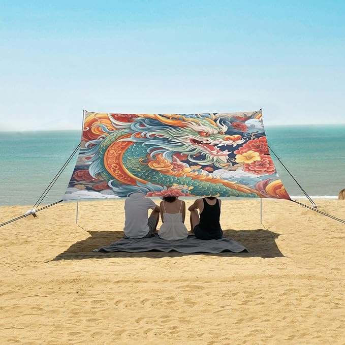 Chinese Dragon Beach Tent Sun Shelter 9.2' x 10.5' Beach Canopy with 4 Sandbags 4 Stability Poles Sand Shovels - Tent Canopy for Beach Camping Fishing Picnics