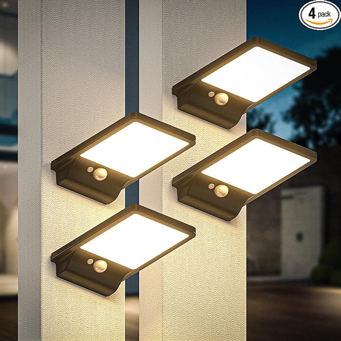 (4 Pack) Solar Outdoor Wall Light Waterproof 2025 Model 2000mAh Battery 350 Lumens 3 Modes 3000K Warm White Motion Sensor Solar Lights for Fences Camping Steps Deck Doors Posts Patios