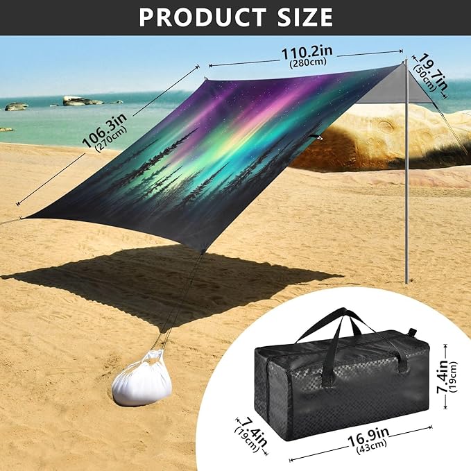 Coloured Aurora Lights Beach Tent Sun Shelter 9.2' x 10.5' Beach Canopy with 4 Sandbags 4 Stability Poles Sand Shovels - Tent Canopy for Beach Camping Fishing Picnics
