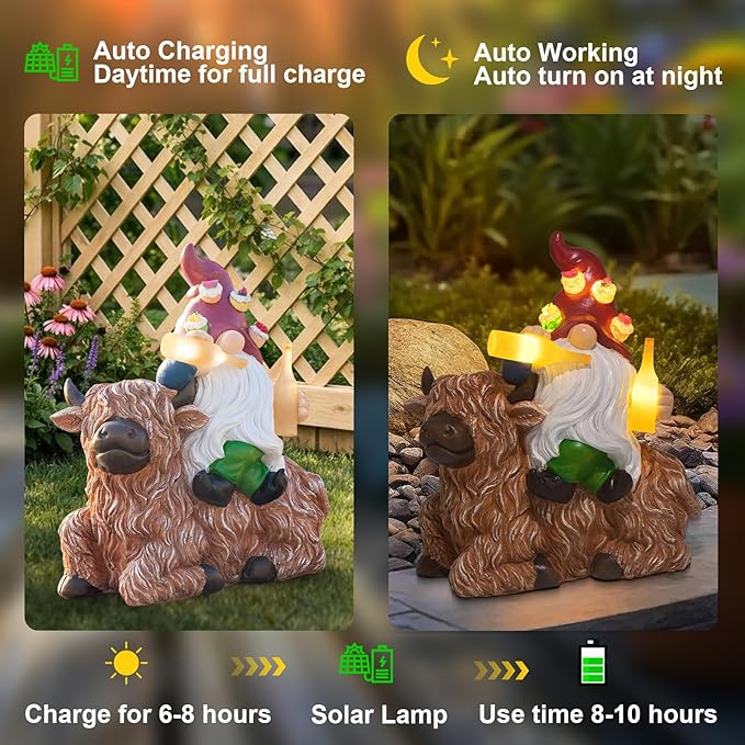 DKJOCKY Gnome Garden Decor Statue with Solar Light Lantern Highland Cow Birthday Gifts for Women Mom Grandma Funny Waterproof Resin Figurine Outdoor Decorations for Yard Patio Lawn Balcony Porch