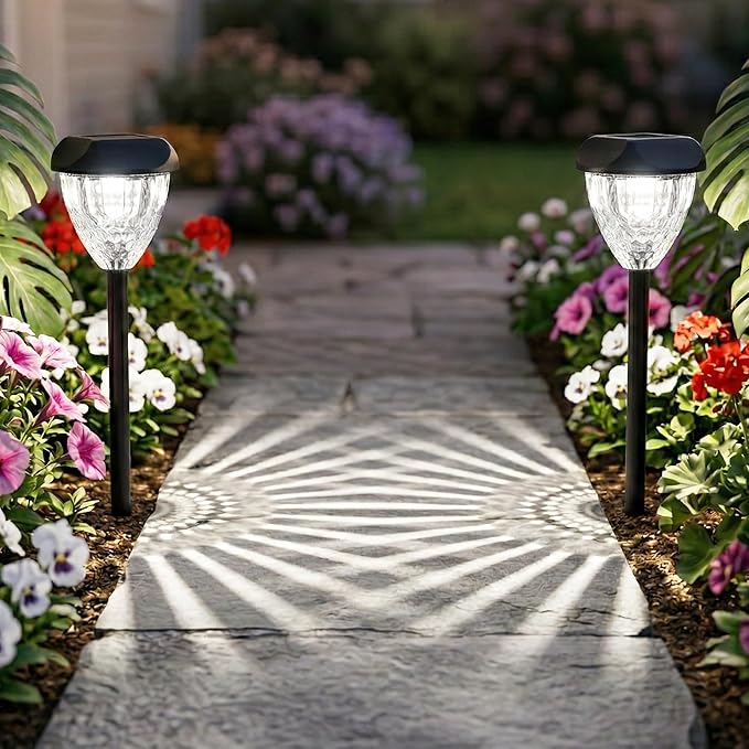 Ensenior Solar Pathway Lights Outdoor - 14.17 Height 6500K LED Landscape Garden Lights IP65 Waterproof Tool-Free Auto ON/Off for Garden Yard Patio Walkway Landscape 8-Pack