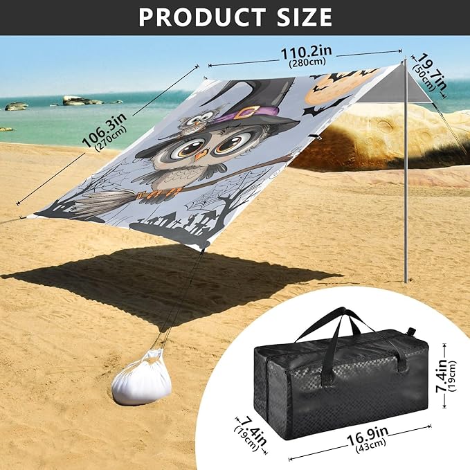 ALAZA Witch Owl Moon Halloween Beach Tent Sun Shelter UPF50+ Protection Beach Shade Canopy w/ 4 Sandbags for Outdoor Camping Fishing Backyard Fun Picnic 10x9 ft