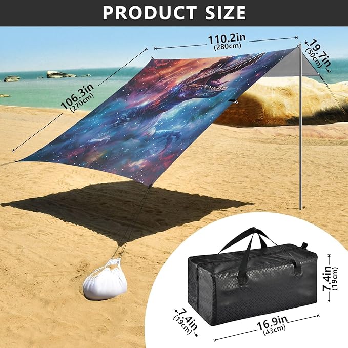 ALAZA T-rex Dinosaur Tyrannosaurus Dino Nebula Beach Tent Sun Shelter UPF50+ Protection Beach Shade Canopy w/ 4 Sandbags for Outdoor Camping Fishing Backyard Fun Picnic 10x9 ft