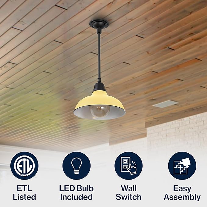 JONATHAN Y 12.25 Matte Yellow 1-Light Farmhouse Indoor/Outdoor LED Pendant Iron Hanging Light and Black Metal Shade Rustic Ceiling Lamp for Kitchen Island LED Bulb Included (JYL7611H)