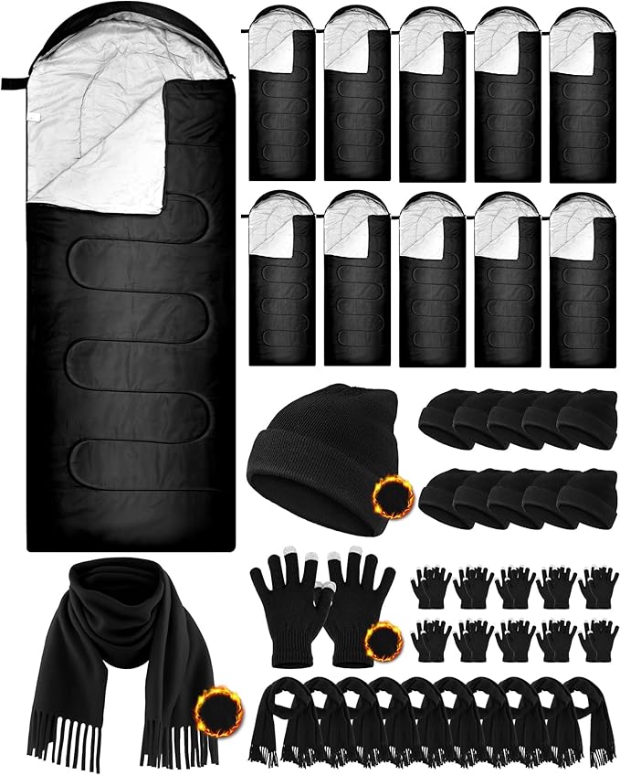 Tranqun 40 Pcs Sleeping Bags for Adult Bulk with Winter Beanie Hat Touch Screen Gloves Scarves Waterproof Cotton Liner Cold Weather Sleeping Bag for Homeless Camping Indoor Outdoor