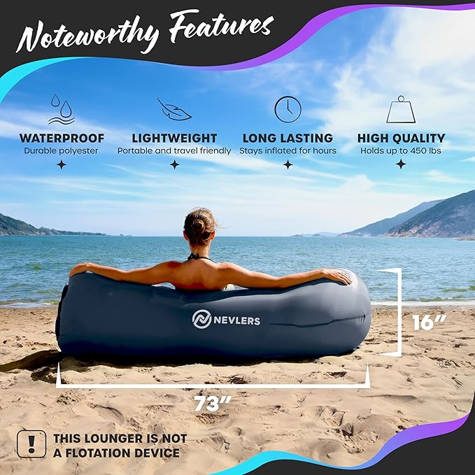 Nevlers Navy Inflatable Couch Air Sofa | 210T Polyester Blow Up Chairs | No-Pump Inflatable Lounger | Air Chair w/ 450 lbs. Capacity Pockets &amp Matching Bag | Use as Blow Up Couch for Adults &amp
