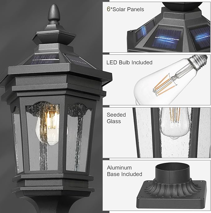 Darkaway Solar Post Lights Lamp Outdoor Pole Light Fixture Dusk to Dawn Aluminum Lamp Post with Remote Solar Pole Fence Deck Lighting for Huose Garden Patio Pathway