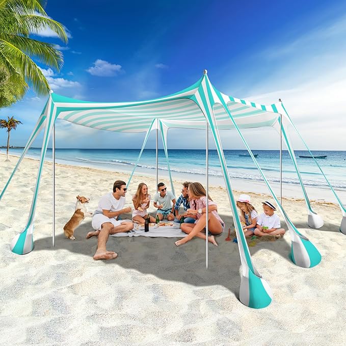 Rhino Valley Beach Tent Shade Canopy UPF50+ Protection 8 Sandbags 4 Stability Poles Outdoor Sun Shelter Umbrella for Sand Camping Fishing Essentials