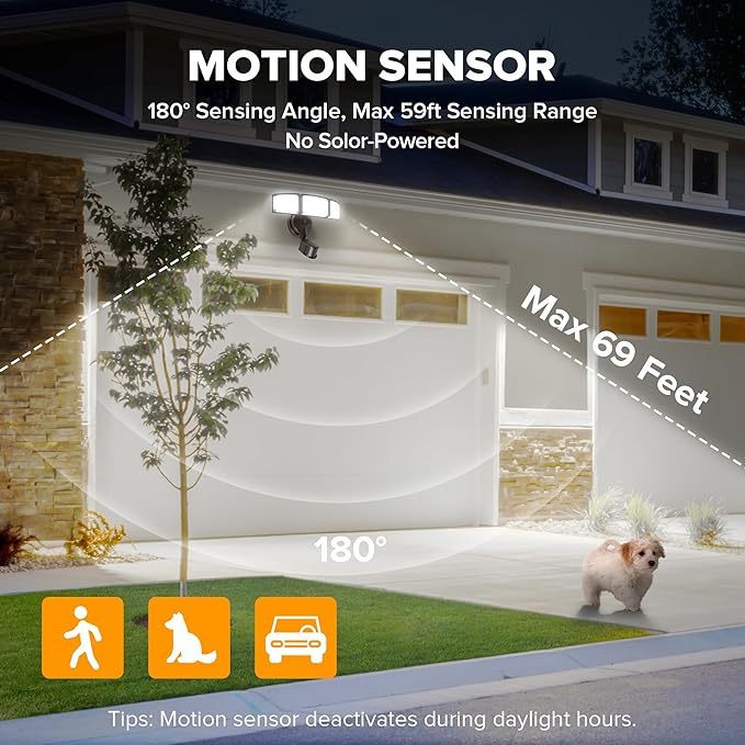 LUTEC 2 Pack 72W 7500LM LED Security Lights Motion Sensor Light Outdoor 5000K Daylight IP65 Waterproof Dusk to Dawn 3-Head Motion Detected Flood Light for Garage Yard Porch(Brown)