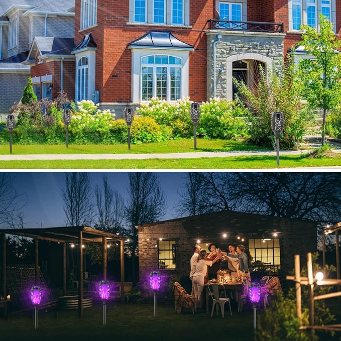 Halloween Decorations Outdoor 12 Pack Purple Solar Lights Outdoor Waterproof 12 LED Mini Tiki Torch Lights with Flickering Flame for Outside Landscape Garden Pathway Dusk to Dawn Auto On/Off