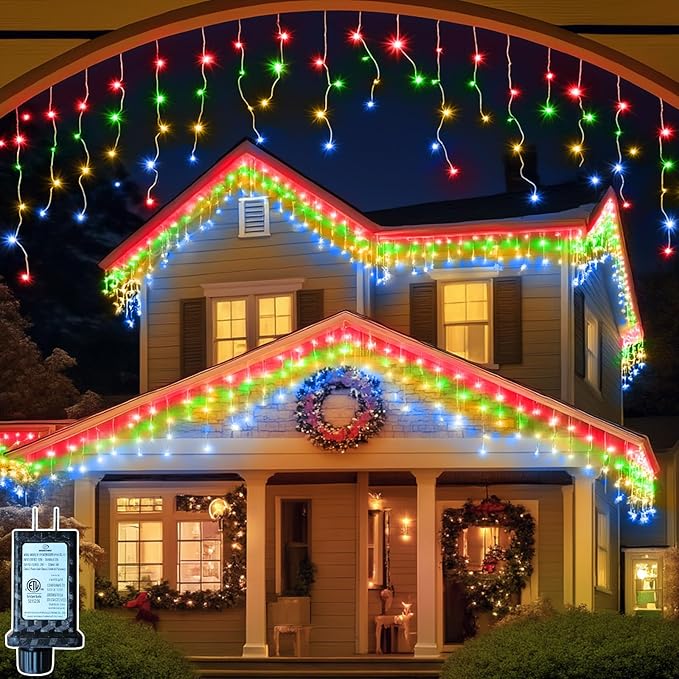 131FT 1280 LED Icicle Outdoor String Lights Multicolor - Waterproof Christmas Curtain Lights 8 Modes Twinkle Function for Patio Wedding Holiday Party Decorations
