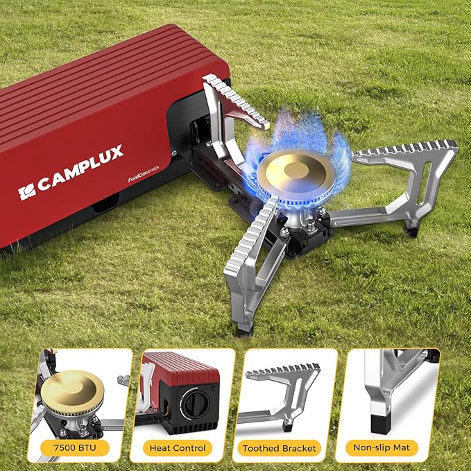 CAMPLUX FoldGo Camping Stove 7500 BTU Portable Butane Gas Stove Foldable Cassette Stove with Carry Bag &amp Adjustable Burner CSA Certified Collapsible Butane Stove for Outdoor Cooking Red