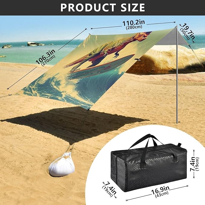 Dinosaur on Surfboard Beach Tent Sun Shelter 9.2' x 10.5' Beach Canopy with 4 Sandbags 4 Stability Poles Sand Shovels - Tent Canopy for Beach Camping Fishing Picnics