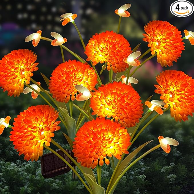 Solar Garden Lights 4 Pack Solar Swaying Bee Lights with Flowers Waterproof Firefly Light Outdoor for Garden Patio Yard Pathway Fall Decoration Gifts for Women Mother's Day