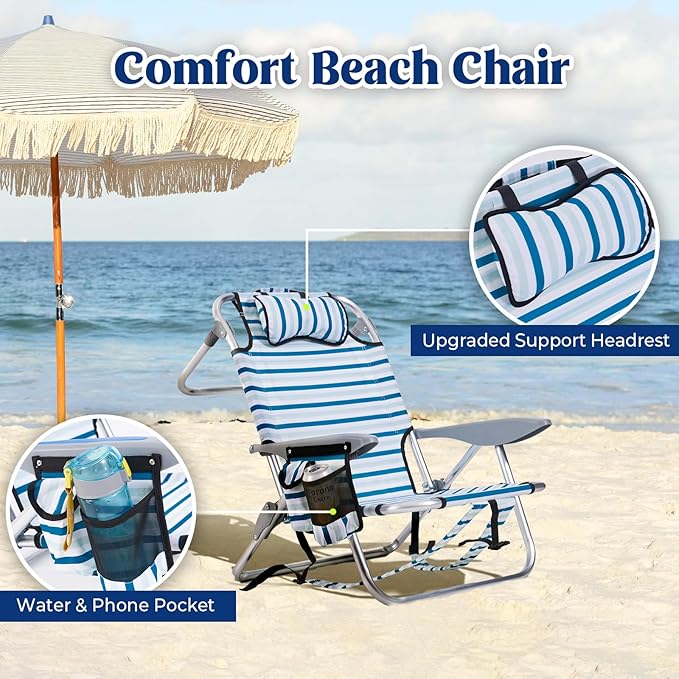 2 Pack Lightweight Portable Camping Beach Chair for Adults Outdoor Lay Flat Folding Beach Chairs with 5 Positions Backpack Beach Chair with Towel Bar Zipper Pouch Cup Holder White Striped