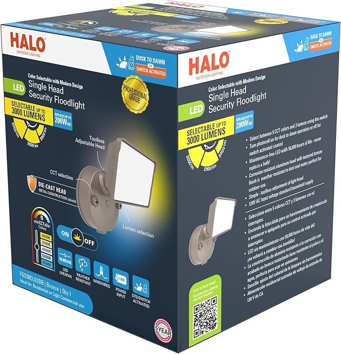 HALO FGS Outdoor LED Security Floodlight 120V w/Selectable CCT &amp Lumens Dusk to Dawn Wall or Eave Mounting - Bronze FGS30CLD2DB