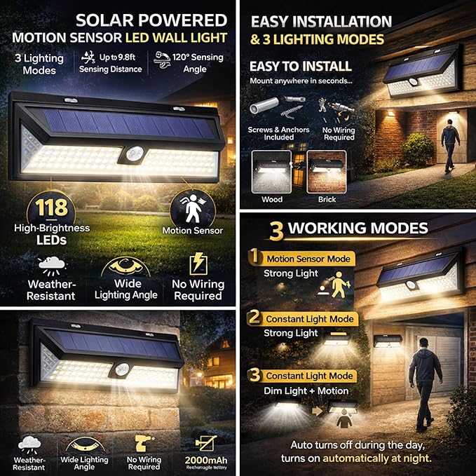 Solar Wall Light 118 LED Motion Sensor Outdoor Security Light 3 Lighting Modes Energy Saving Garden Light - Easy Install Solar Powered Light for Porch Yard Fence