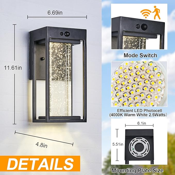 2PK Solar Led Outdoor Sconces with 3 Modes Motion Sensor Crystal Exterior Light Fixtures Wall Mount Black Dusk to Dawn Solar Porch Lights 4000K 250LM Outside Light for House Front Door Patio