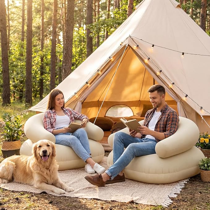 Novabright 4 Pcs Inflatable Chairs for Adults Blow Up Games Chairs Folding Portable Flocking Inflatable Sofa for Living Room Learning Camping Party (Beige)