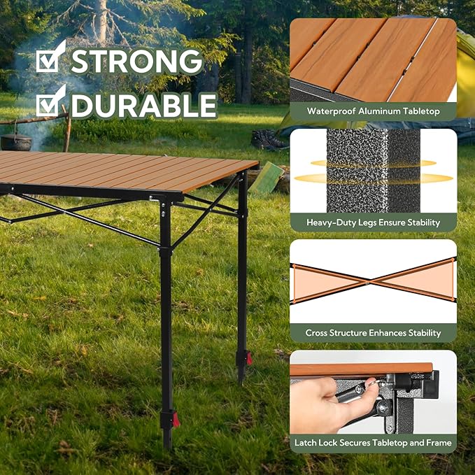 Portable Outdoor Adjustable Height Camping Table Large for 2-6 Person Foldable Roll-up Aluminum Camp Table with Carry Bag for Picnic Camp Sturdy Stable Loads 220 Lbs