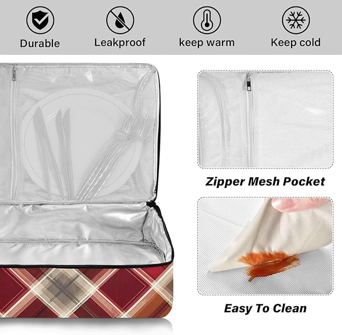 Casserole Carrier Red Brown Tartan Pattern Insulated Casserole Carrier for Hot or Cold Food Thermal Lunch Tote for Parties Picnic Travel Carry Bag