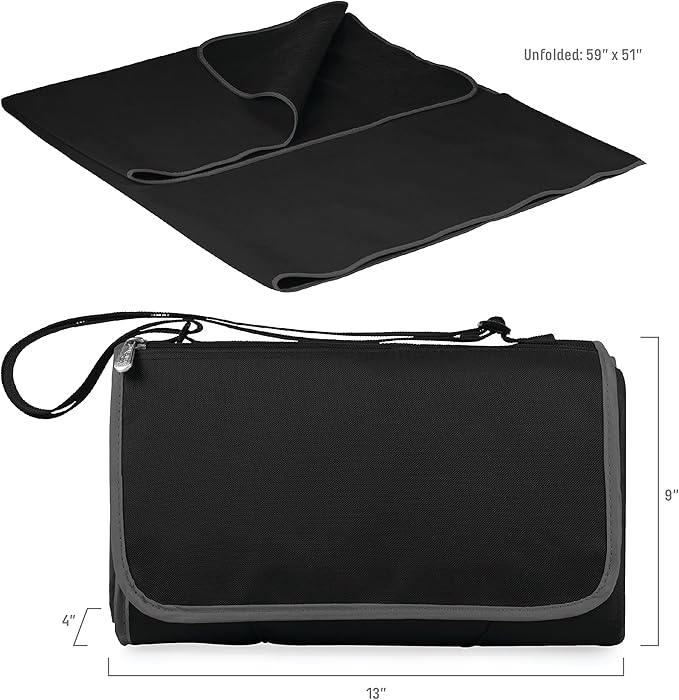 PICNIC TIME Outdoor Picnic Blanket Tote 59x51 Foldable Beach &amp Camping Blanket with Soft Fleece Water-Resistant Bottom Adjustable Strap &amp Zippered Pocket (Black with Black Exterior)
