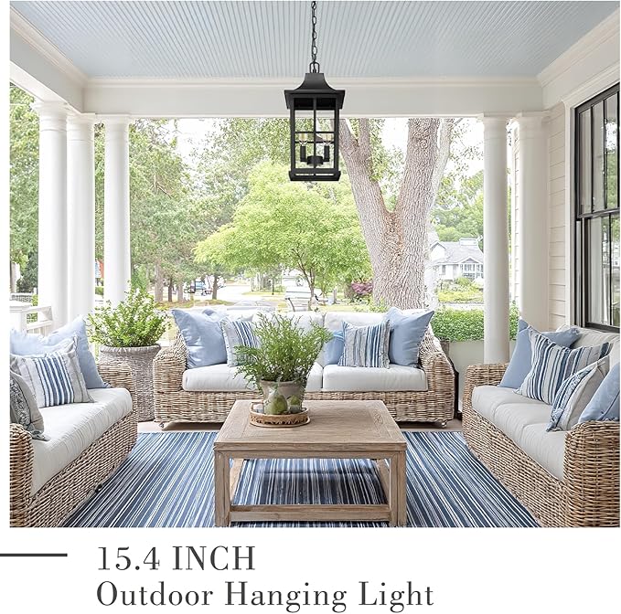 Emliviar Dusk to Dawn 2-Light Large Porch Light Outside Chandelier for Yard 15.4 Black Hanging Lantern Light Fixture with E12 Base Clear Glass YXE306H-M-PC BK
