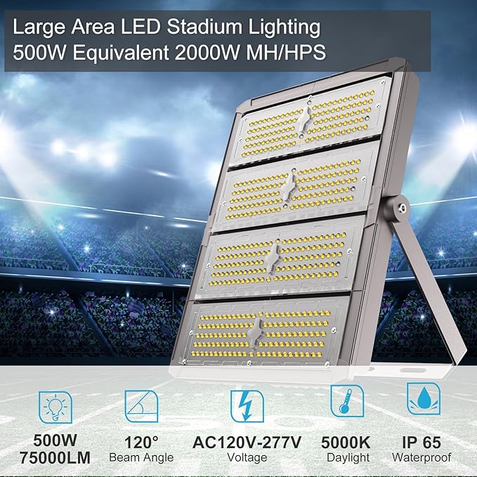 Upgrade 500W LED Flood Light Outdoor 75000Lm Led Stadium Light with Adjustable Bracket IP65 AC100-277V Commercial Area Lighting with Plug for Backyard/Basketball Court-2Pack