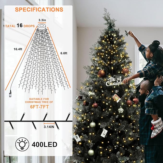 BOLWEO Christmas Tree Lights 400LED 16 Lines Christmas Lights for Tree 8 Modes for 6ft-7ft Christmas Tree UL Certified Indoor Outdoor Christmas Decorations 16 * 6.6ft Drops Warm White
