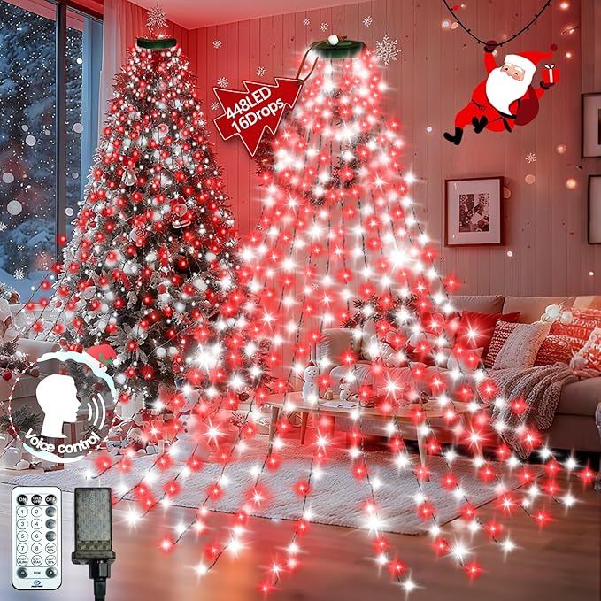 2025 New Christmas Tree Lights Indoor with Voice Control &amp Remote | 448LED Waterfall Tree Topper Lights with 12 Modes &amp Timer 7FT x 16 Lines Cascading Twinkle Lights for 7FT Xmas Decor(Red Wh