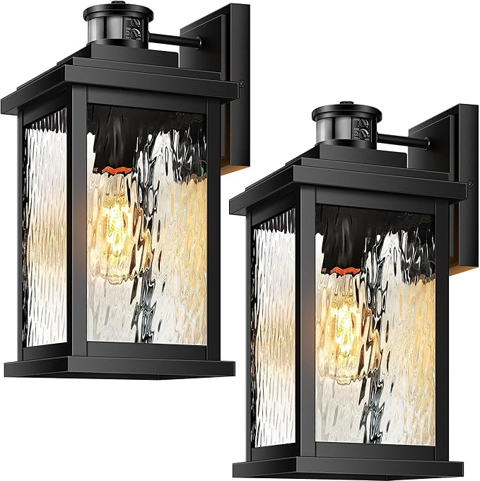 VIANIS 2 Pack Large Advanced Motion Sensor Outdoor Lights Black Easy-to-Install Dusk to Dawn Outdoor Wall Lights Aluminum Waterproof Porch Light with Water Glass for Porch Garden Front Door
