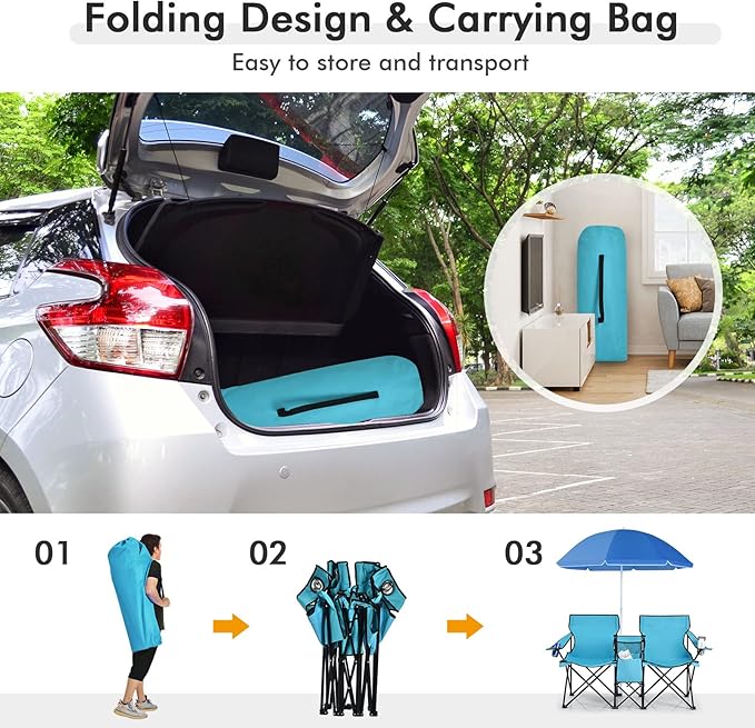 KOTEK Double Camping Chair Folding Camp Chair with Removable Umbrella Cup Holders Cooler Bag Side Pocket &amp Carry Bag 2-Person Beach Chair for Outdoor Sports Concerts Travel Picnic (Turquo