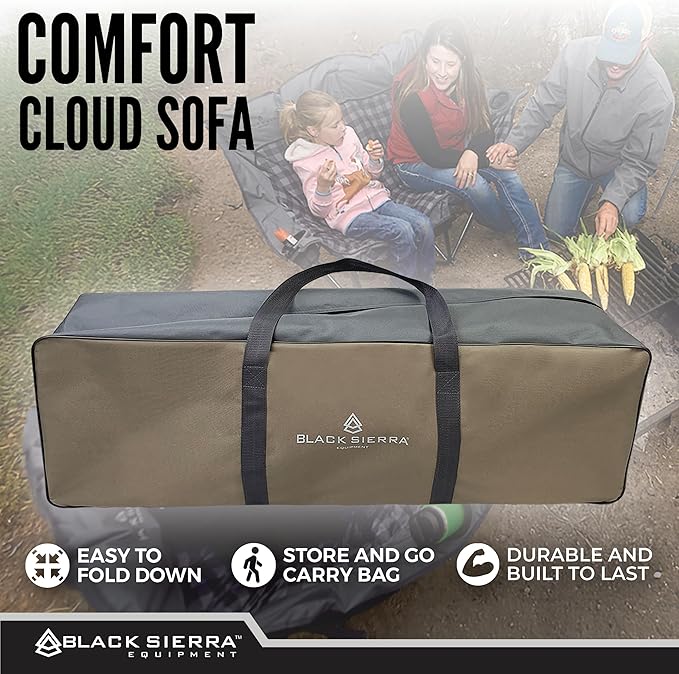 Black Sierra Double Camping Chair for Adults Oversized Folding Loveseat Supports 600 lbs Plush Padded Outdoor Couch with Cup Holders and Carry Bag for Beach Patio RV or Tailgating Events
