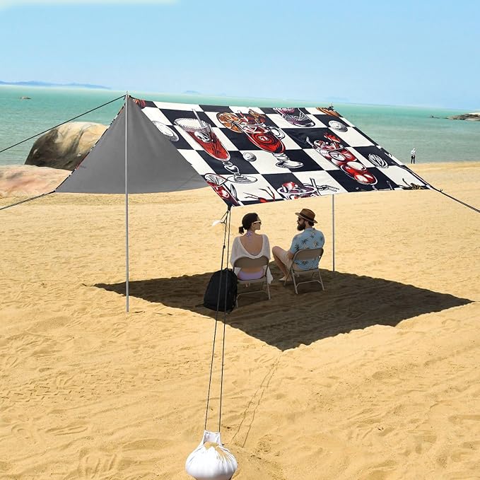 ALAZA Halloween Skulls Checkered Beach Tent Sun Shelter UPF50+ Protection Beach Shade Canopy w/ 4 Sandbags for Outdoor Camping Fishing Backyard Fun Picnic 10x9 ft