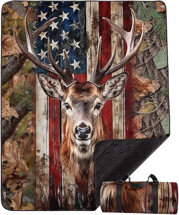 Outdoor Picnic BlanketPortable Sandproof Waterproof Picnic MatAmerican Flag Deer Printed Camping Beach Mat for Sand and Wet Grass Hiking (Deer S)