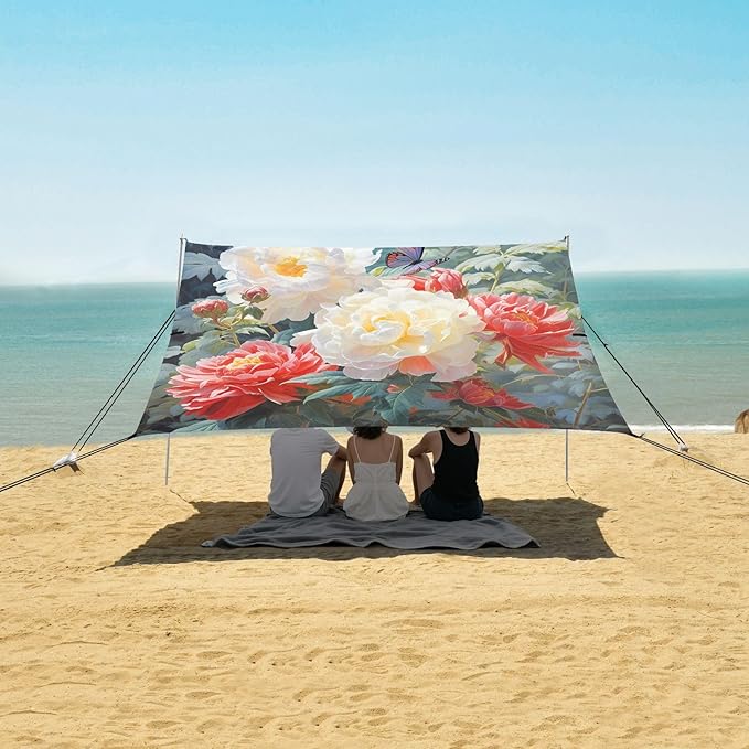 ALAZA Butterfly Rose Flowers Beach Tent Sun Shelter UPF50+ Protection Beach Shade Canopy w/ 4 Sandbags for Outdoor Camping Fishing Backyard Fun Picnic 10x9 ft